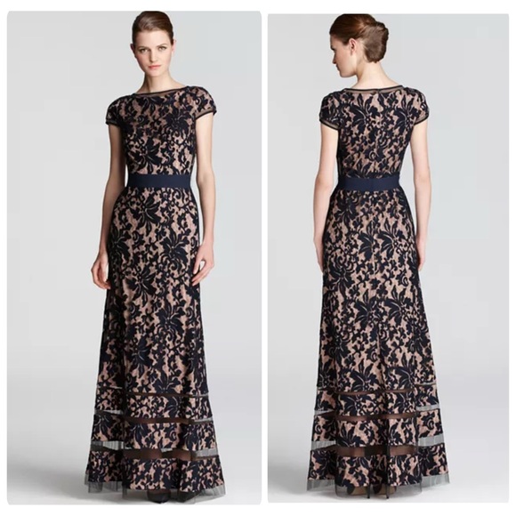 Tadashi Shoji Dresses & Skirts - Tadashi Shoji  Lace Maxi Gown Dress Lace - Cap Sleeve in Navy / Nude